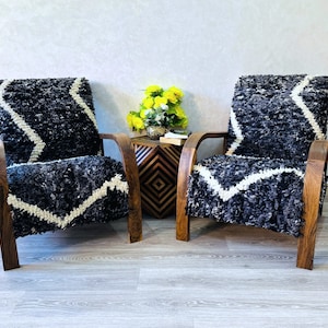 Set of 2 Mid century armchair- chair - Retro lounge chair - modern chair - relax vintage style chair -Handmade walnut wood and vintage kilim