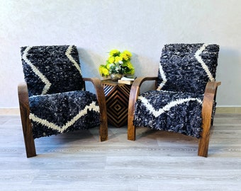 Set of 2 Mid century armchair- chair - Retro lounge chair - modern chair - relax vintage style chair -Handmade walnut wood and vintage kilim