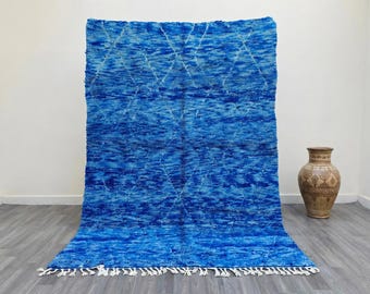 Alfombra bereber marroquí azul – Alfombra tribal de lana hecha a mano para sala de estar de estilo bohemio