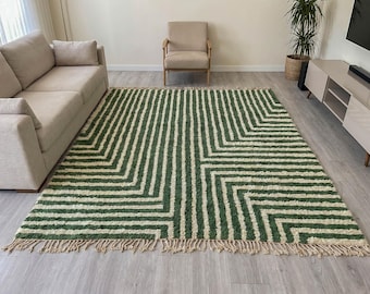 Moroccan Rug , Sage Green Beni Ourain Wool Carpet, Geometric Striped Berber Design