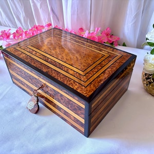 Wooden Jewelry Box Made Of Burl Wood 12&quot;x8&quot;,Large Jewelry Box Hand-Crafted From Thuja Burl,Chest With Two Storage Level,Decorative Lock Box