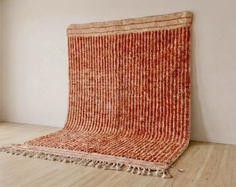 Terracotta Striped Moroccan Rug – Handmade Wool Beni Ourain Style Area Rug for Boho Living Room Decor