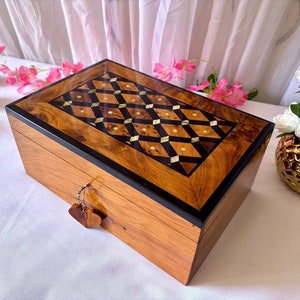 Wooden Jewelry Box with Key 12&quot;x8&quot;, Moroccan jewelry Box, Handmade Jewelry Box, wedding wood memory box, thuya wooden burl Jewelry Box