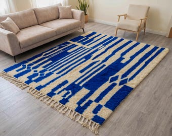 Blue Beni Ourain Rug – Handmade Moroccan Wool Carpet, Abstract Berber Design