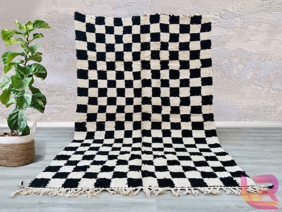 Grand Tapis Marocain Beni Ourain 6.5x9.5 Ft - Laine Tissée Main - Motif Boho Checkered