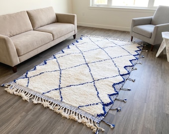 Blue Moroccan Beni Ourain Rug, Ivory Wool Area Rug , Berber Diamond