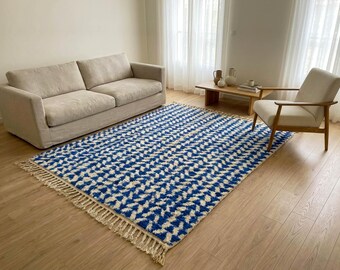 Moroccan Rug Blue Wool Beni Ourain Berber Carpet Ivory Geometric Pattern Boho Living Room