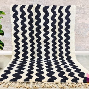 Beni Ourain Moroccan Rug - Black & White Handwoven Wool Carpet, Azilal Berber, Bohemian Living Room Rug, Tribal Design Decor, Berber Rug