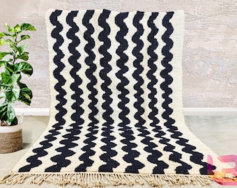 Beni Ourain Moroccan Rug - Black & White Handwoven Wool Carpet, Azilal Berber, Bohemian Living Room Rug, Tribal Design Decor, Berber Rug