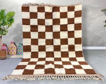 Large Brown and white checkered rug, Moroccan Berber checkered rug, Checkered area rug-Checkerboard Rug beniourain rug, Soft black white Rug