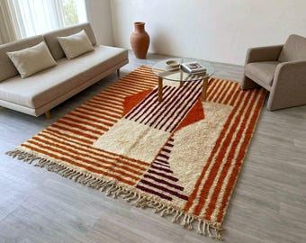 Terracotta Moroccan Rug – Handmade Berber Wool Rug, Abstract Geometric Beni Ourain Design