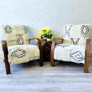Set van 2 fauteuils uit het midden van de eeuw, retro fauteuil, moderne stoel, relax stoel in vintage stijl, handgemaakte houten stoel, Marokkaanse houten fauteuil cadeau