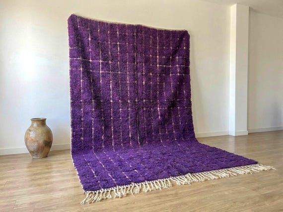 Purple Beni Ourain Rug, Geometric Grid Moroccan Wool Carpet, Textured Berber Design