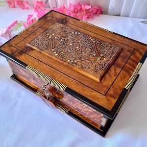 Large Wooden Jewelry Box With Mirror 12&quot;x9&quot; Burl With Two Storage Level, lockable Luxury handmade gift box for anniversary,jewelry box wood