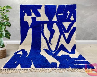 Moroccan rug Blue, Rug for living room, Area Rug 8x10, Striped Tufted rugs, Moroccan Rug Handmade, Wool Beni Ourain Rug, berber Rug,Wool Rug