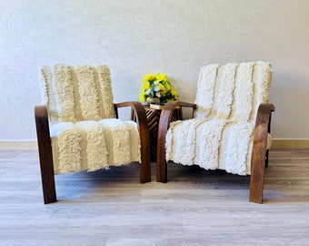Set of 2 Mid century armchair- chair - Retro lounge chair - modern chair - relax vintage style chair -Handmade walnut wood and vintage kilim