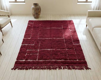 Burgundy Moroccan Rug – Handmade Berber Wool Carpet, Geometric Beni Ourain Design