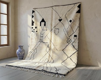 Black and White Beni Ourain Rug, Moroccan Wool Shag Area Rug Tribal Symbols