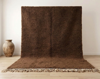 Brown Moroccan Rug – Handmade Beni Ourain Wool Area Rug, Solid Minimalist Carpet, Custom Size