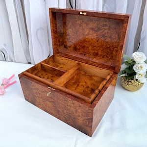 15&quot;x10&quot; Big Moroccan jewellery burl thuya Box,lockable wooden burl Jewelry Box organizer with key,keepsake couples gift,wedding memory box