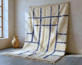 Ivory Beni Ourain Rug – Blue Textured Moroccan Wool, Modern Boho Area Rug