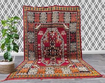 Vintage Moroccan Rug 7.2x11.1 ft – Handmade Wool Berber Carpet, Red Tribal Geometric Design, Authentic Large Area Rug