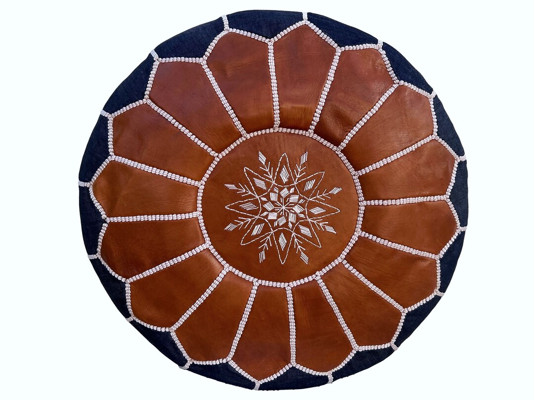 Handmade Brown Leather Pouf Moroccan Living Room Footstool Leather Pouf