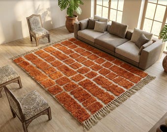 Terracotta Moroccan Rug – Handmade Wool Berber Carpet, Textured Checkerboard Pattern, Custom Area Rug