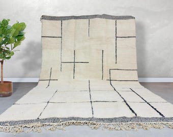 Moroccan Beni Ourain Rug – Handmade Wool Berber Carpet, Custom Soft Area Rug in Black and White, Genuine Lambswool Minimalist Decor