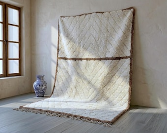 Minimalist Beni Ourain Rug, Ivory Brown Moroccan Wool Area Rug with Border