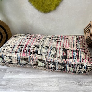 Large Vintage Moroccan Kilim Pouf 24x47 – Boho Floor Cushion Cover, Handwoven Berber Rug Ottoman for Living Room & Home Decor (Unstuffed)