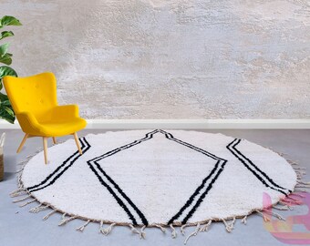 Minimalistischer runder marokkanischer Teppich - Handgemachter Berber Wollteppich - Beni Ourain Kreis Stil - Schwarze Linie Geometrisches Boho Dekor