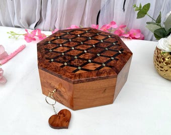 Grande boîte à bijoux faite main en bois de thuya avec incrustation géométrique 20 x 20 cm (20 x 20 cm) - Rangement souvenir octogonal avec des touches de nacre, cadeau pour femme