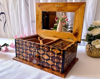 Handmade Wooden Jewelry Box with Mirror 12"x8",Large Jewelry Box Made Of Thuya Burl,Jewelry Organizer Box,Wood Box,Decorative Storage Box