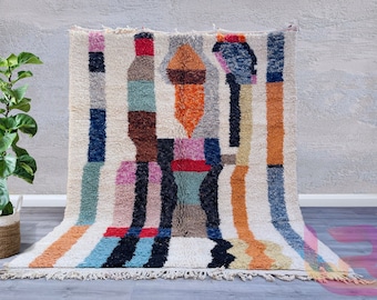 Alfombra marroquí abstracta multicolor, alfombra bereber de lana hecha a mano, diseño bohemio moderno.