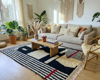 Handmade Abstract Moroccan Rug Black and White Wool Berber Carpet High Pile Modern Tribal Boho Living Room Decor