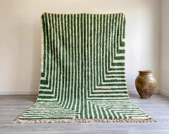 Sage Green Beni Ourain Rug – Handmade Moroccan Wool Carpet, Striped Rug Design