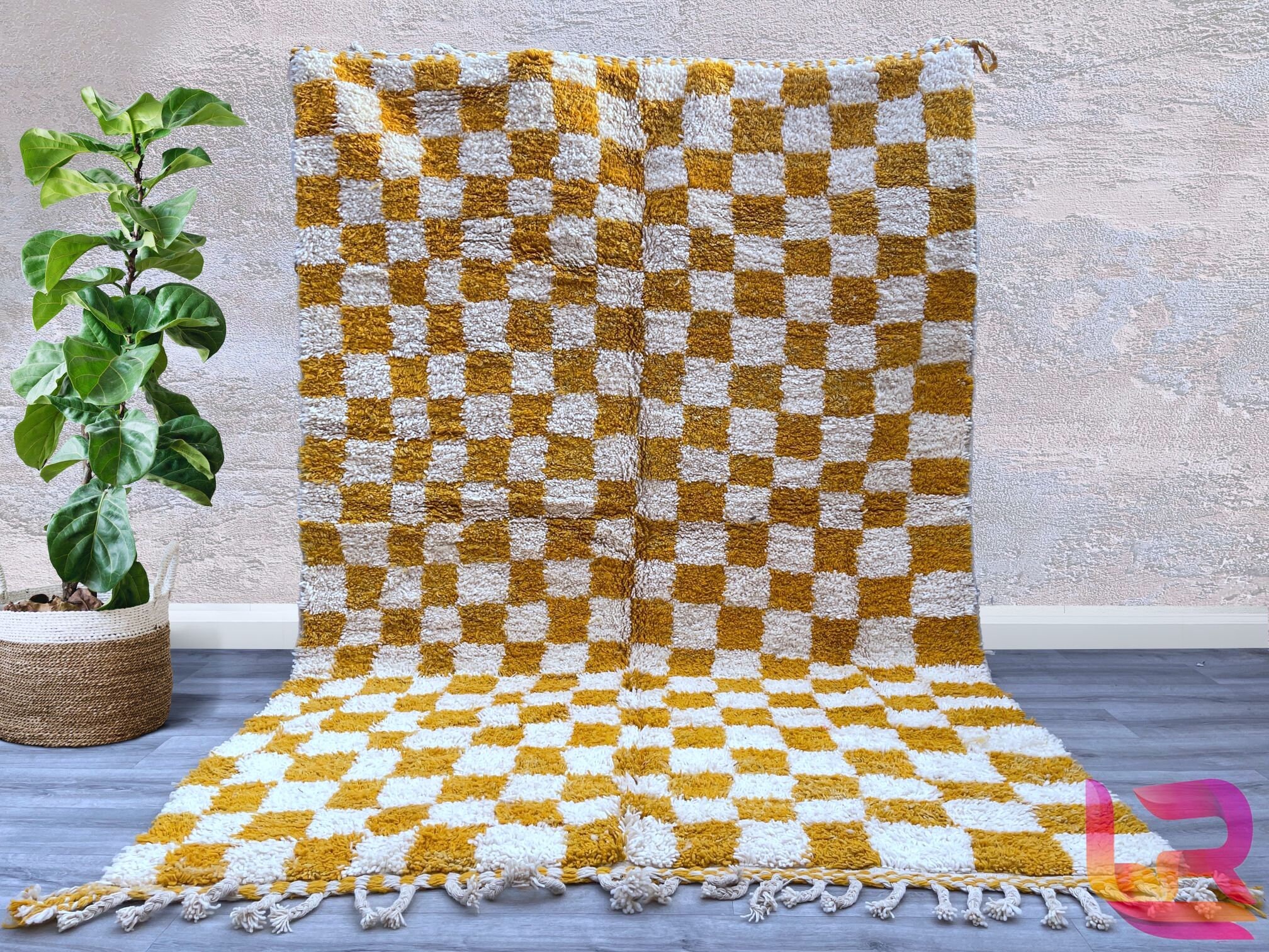 Grand Tapis Marocain Beni Ourain 6.5x9.5 Ft - Laine Tissée Main - Motif Boho Checkered
