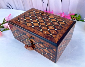 Wooden Jewelry Box for Women & Men 12"x8", Large Handmade Jewelry Box with lock,Jewelry Organizer Box with Removable Divider, Thuya Burl Box