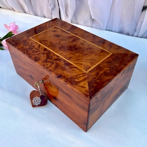 Hand-Crafted Wooden Jewelry Box 11&quot;x7&quot;, Made of Thuya Burl With Two Storage Level, Women Jewelry Box, Watch Box For Men, Lockable Box