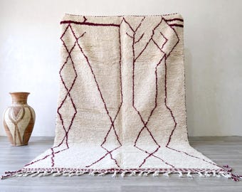 Beni Ourain Moroccan Rug, Ivory and Burgundy Berber Wool, Diamond Pattern