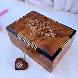 Jewelry Box Wood Burl 8&quot;x5&quot;,Handmade Jewelry Box with lock,Moroccan Wooden Jewelry Box,Decorative Keepsake Memory Box-jewelry box for women