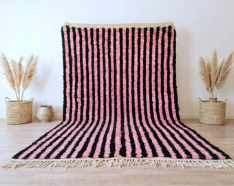 Pink Striped Moroccan Rug , Handmade Berber Wool Carpet, Modern Beni Ourain Design