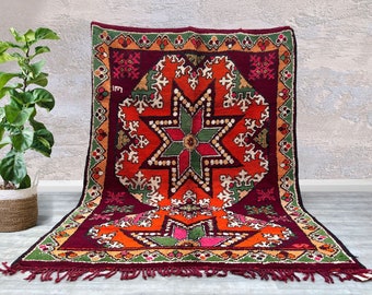 Vintage Moroccan Rug 7x10 ft – Handmade Berber Carpet with Rich Red Tribal Star Design