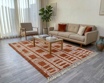 Terracotta Beni Ourain Rug, Handmade Moroccan Wool with Geometric Berber Design, Boho Home Decor
