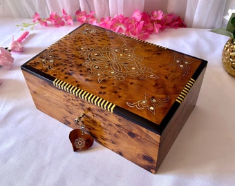 Wood Jewelry Box For Women 12"x8", Handmade Thuya Wood Burl Veneer Box, Jewelry Box Girls ,Large Jewelry Organizer Storage with Lock