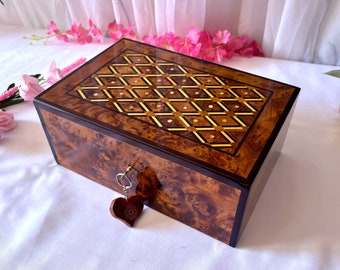 12"x8" Large Handmade Thuya Luxury JEWELRY BOX , Unique Burl Box, Lockable Wooden Chest Box,Couple Gift,Wood Ring Box,Decorative Storage Box