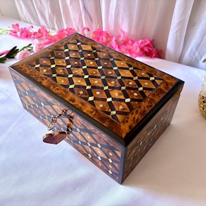 Large Handmade Keepsake Jewelry Box 12&quot;x8&quot;, Moroccan Hand Carved Thuya Wood Burl Wedding Memory Chest, Jewelry Storage Organizer Box