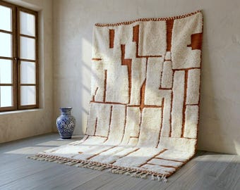 Beni Ourain Moroccan Rug, Ivory and Terracotta Berber Wool Rug, Geometric Pattern