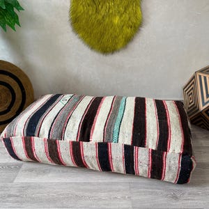 Large Vintage Moroccan Kilim Pouf 24x47 – Boho Floor Cushion Cover, Handwoven Berber Rug Ottoman for Living Room & Home Decor (Unstuffed)